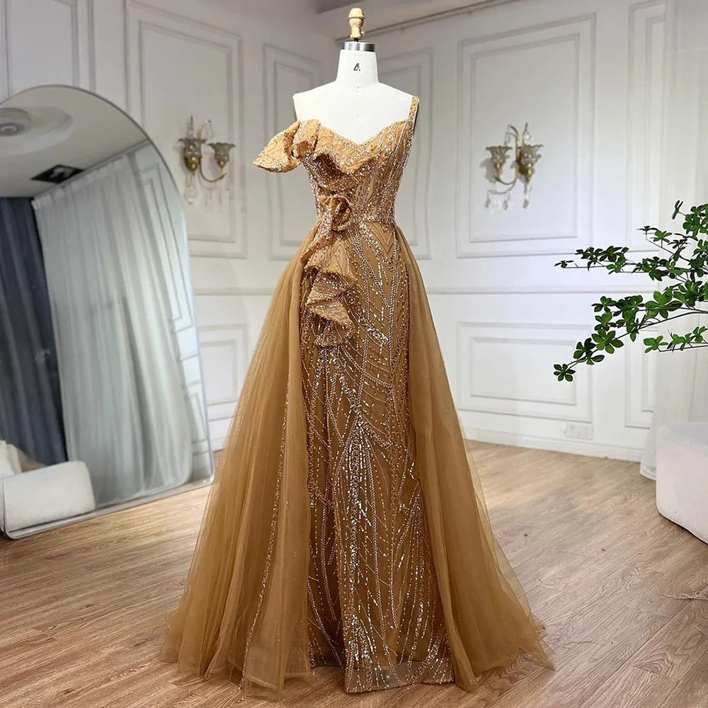 Serene Hill Golden Mermaid Evening Dress With Skirt - Women&