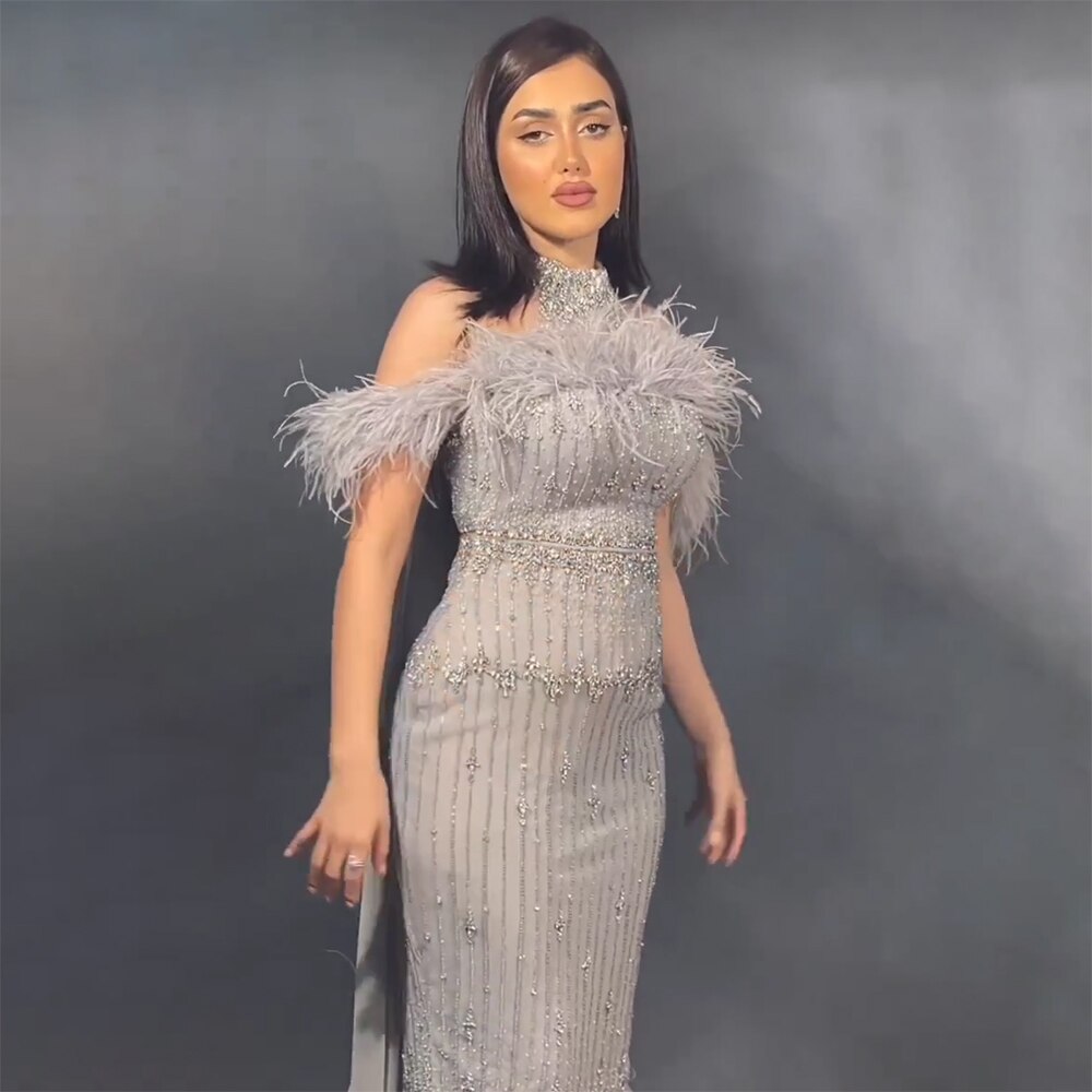 Serene Hill Gray Beaded Arabic Midi Ankle Length Evening Dresses With Cape Feather Gowns 2025 For Women Wedding Party LA72060 - SERENE HILL