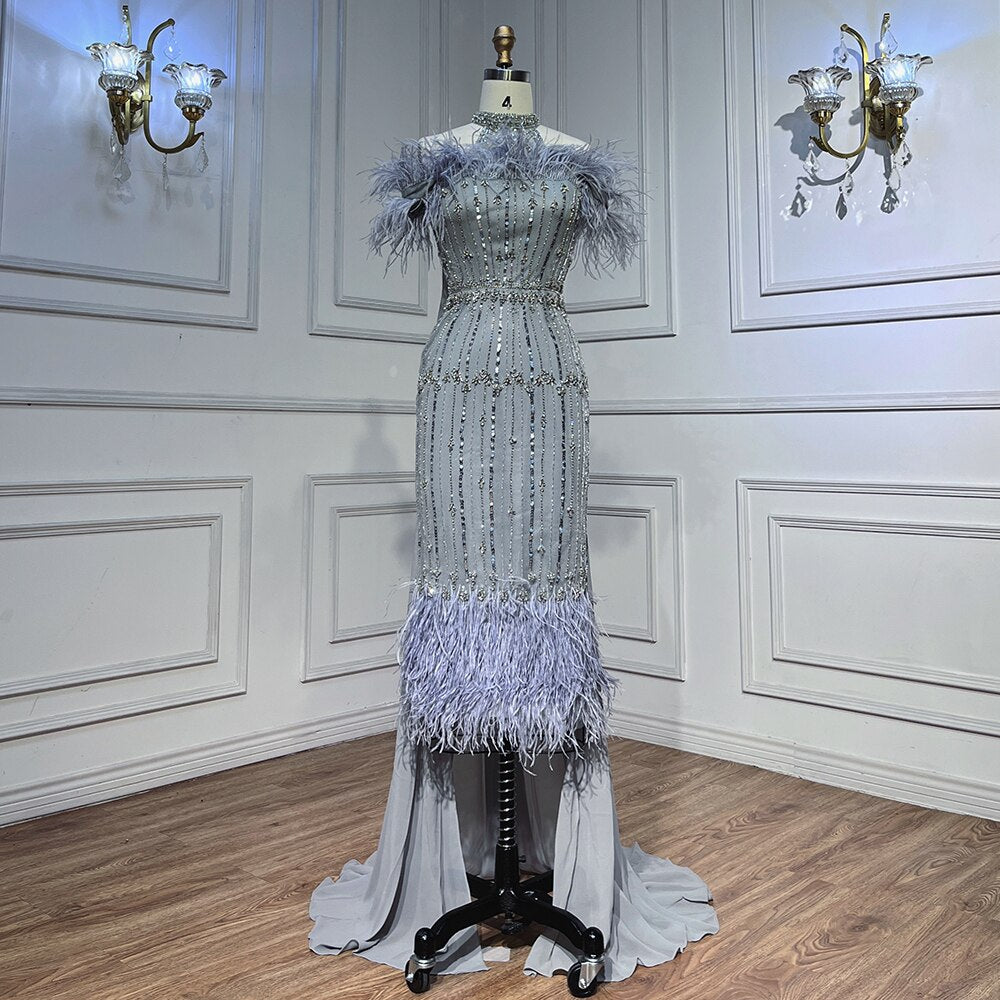 Serene Hill Gray Beaded Arabic Midi Ankle Length Evening Dresses With Cape Feather Gowns 2025 For Women Wedding Party LA72060 Grey / 16