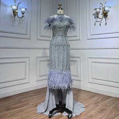 Serene Hill Gray Beaded Arabic Midi Ankle Length Evening Dresses With Cape Feather Gowns 2025 For Women Wedding Party LA72060 - SERENE HILL