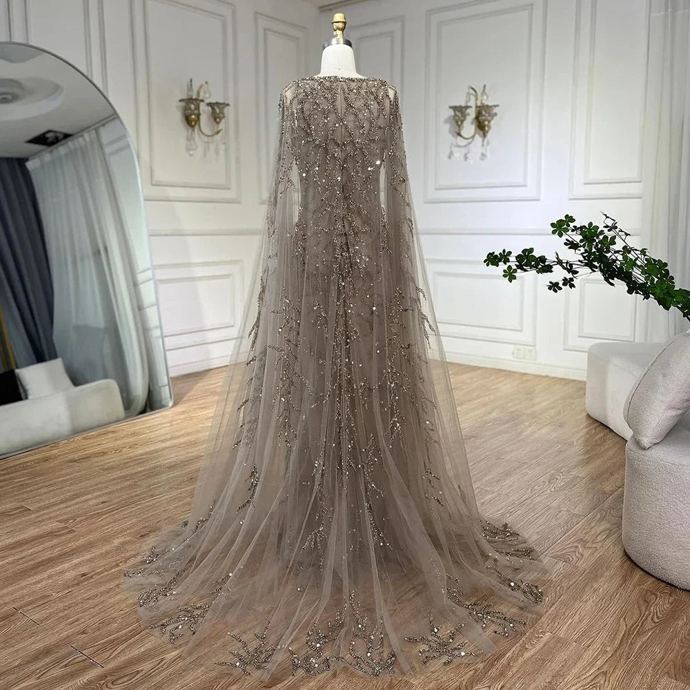 Gray Mermaid Beaded Evening Dress with Cape Sleeves LA72149 - SERENE HILL