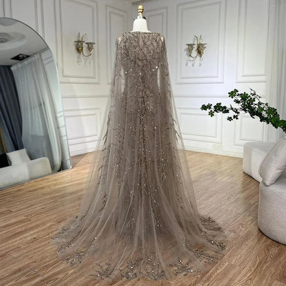 Gray Mermaid Beaded Evening Dress with Cape Sleeves LA72149 - SERENE HILL