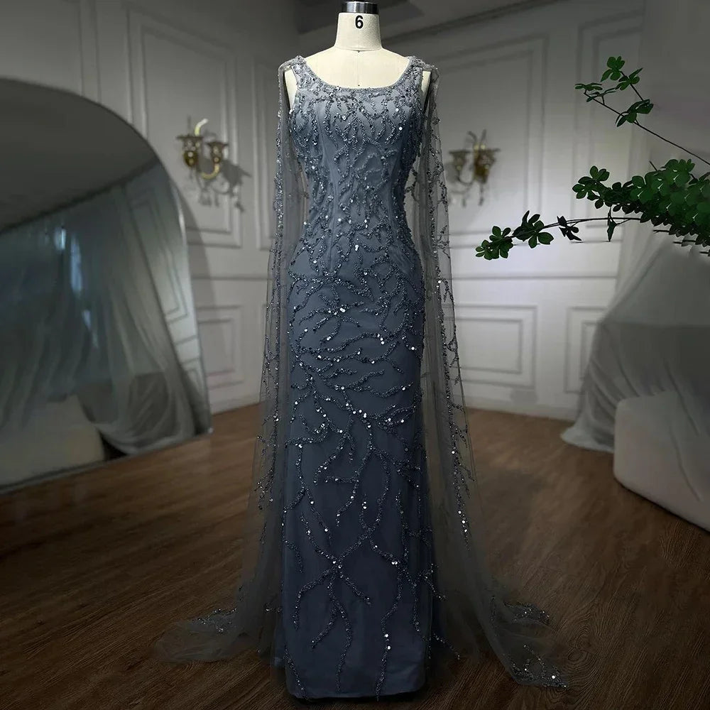 light grey mermaid dress Leely Women Floral Grey Blue Maxi Prom Dress with Ruffles Mermaid Sparkly V-Neck Gala Dress