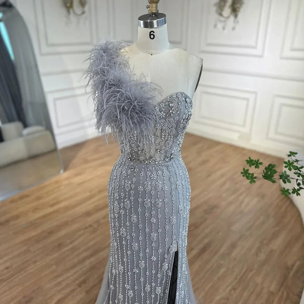 Luxury Gray One Shoulder Mermaid Beaded Feather Evening Dress LA72347 Gray / 10