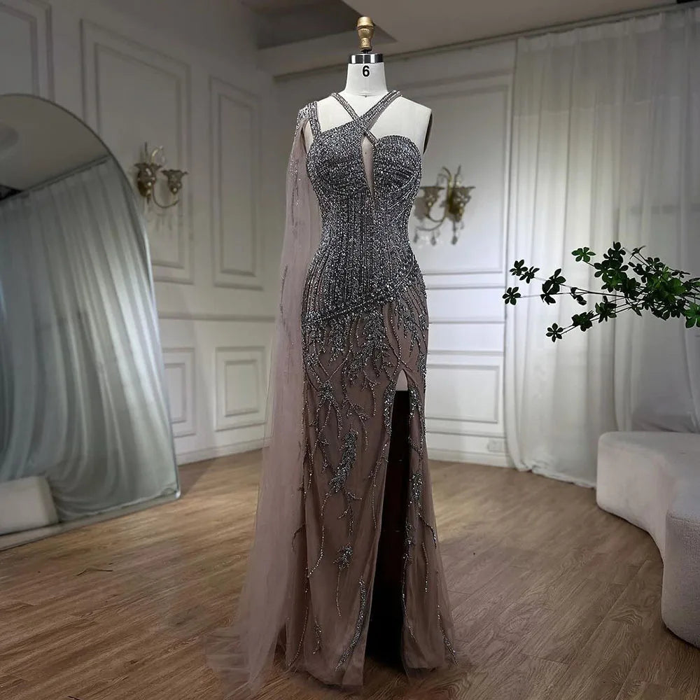 Serene Hill Gray Nude One-Shoulder Cape Sleeves Mermaid Evening Dress High Split Beaded Long Gown for Woman Party LA72368 - SERENE HILL