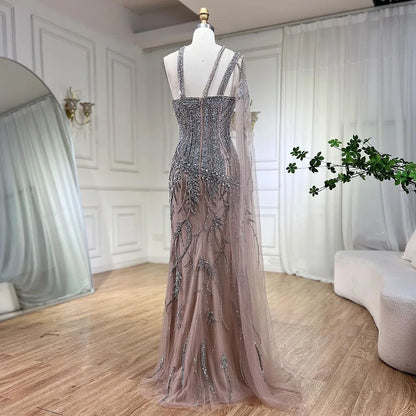 Serene Hill Gray Nude One-Shoulder Cape Sleeves Mermaid Evening Dress High Split Beaded Long Gown for Woman Party LA72368 - SERENE HILL