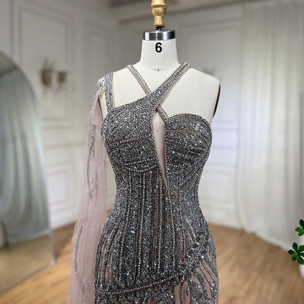 Serene Hill Gray Nude One-Shoulder Cape Sleeves Mermaid Evening Dress –  SERENE HILL