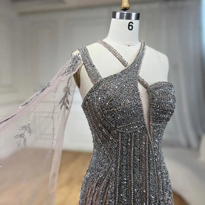 Serene Hill Gray Nude One-Shoulder Cape Sleeves Mermaid Evening Dress High Split Beaded Long Gown for Woman Party LA72368 - SERENE HILL