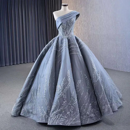 Serene Hill Gray One Shoulder Lace Up Beaded Luxury Ball Gown Bride Gowns Wedding Dress 2025 High End Custom Made HM231074 - SERENE HILL
