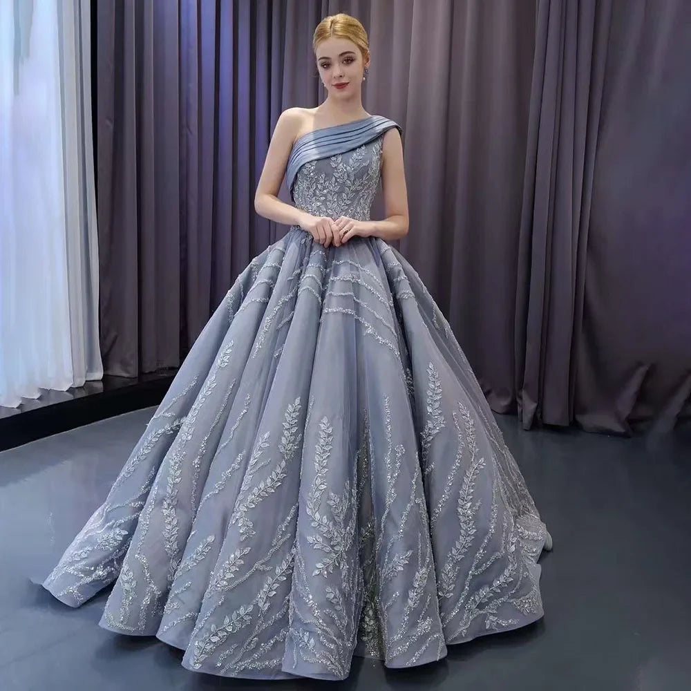Serene Hill Gray One Shoulder Lace Up Beaded Luxury Ball Gown Bride Gowns Wedding Dress 2025 High End Custom Made HM231074 - SERENE HILL
