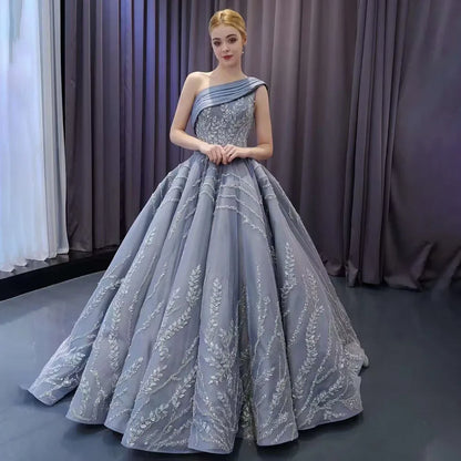 Serene Hill Gray One Shoulder Lace Up Beaded Luxury Ball Gown Bride Gowns Wedding Dress 2025 High End Custom Made HM231074 - SERENE HILL