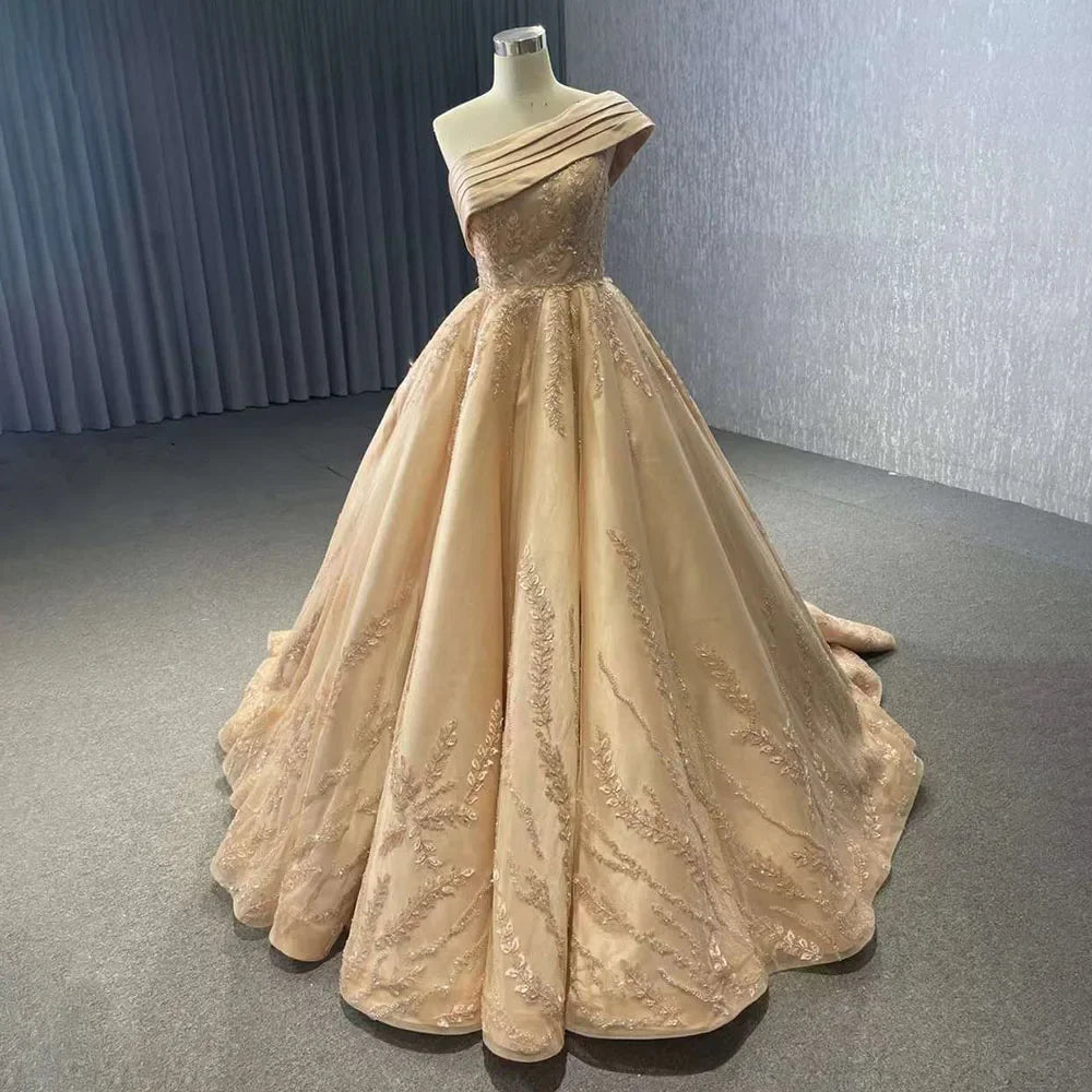 Serene Hill Gray One Shoulder Lace Up Beaded Luxury Ball Gown Bride Gowns Wedding Dress 2025 High End Custom Made HM231074 - SERENE HILL