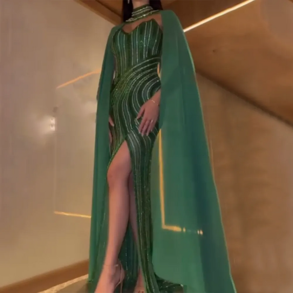 Serene Hill Green Elegant Mermaid Luxury Evening Dresses Gowns 2025 High Split With Cape Sleeves Beaded For Women Party LA72073