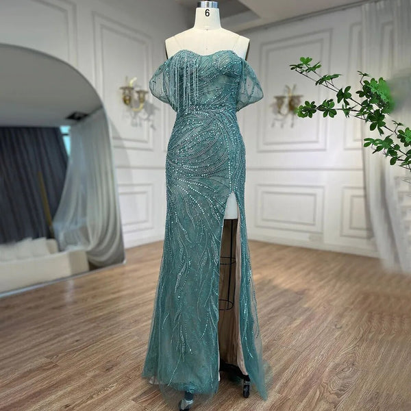 Serene Hill Green Luxury Mermaid Evening Dresses Gowns 2025 Cap Sleeves Beaded Elegant For Women Party LA71438