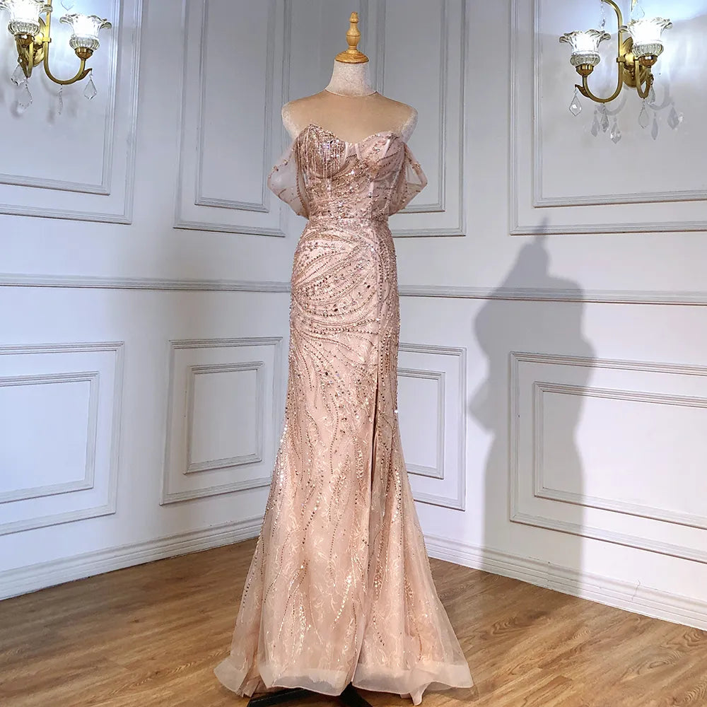 Serene Hill Green Luxury Mermaid Evening Dresses Gowns 2025 Cap Sleeves Beaded Elegant For Women Party LA71438 - SERENE HILL