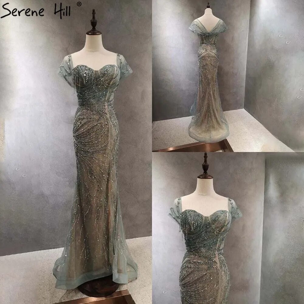 Serene Hill Green Luxury Mermaid Evening Dresses Gowns 2025 Cap Sleeves Beaded Elegant For Women Party LA71438 - SERENE HILL