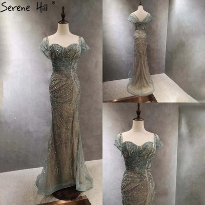 Serene Hill Green Luxury Mermaid Evening Dresses Gowns 2025 Cap Sleeves Beaded Elegant For Women Party LA71438 - SERENE HILL