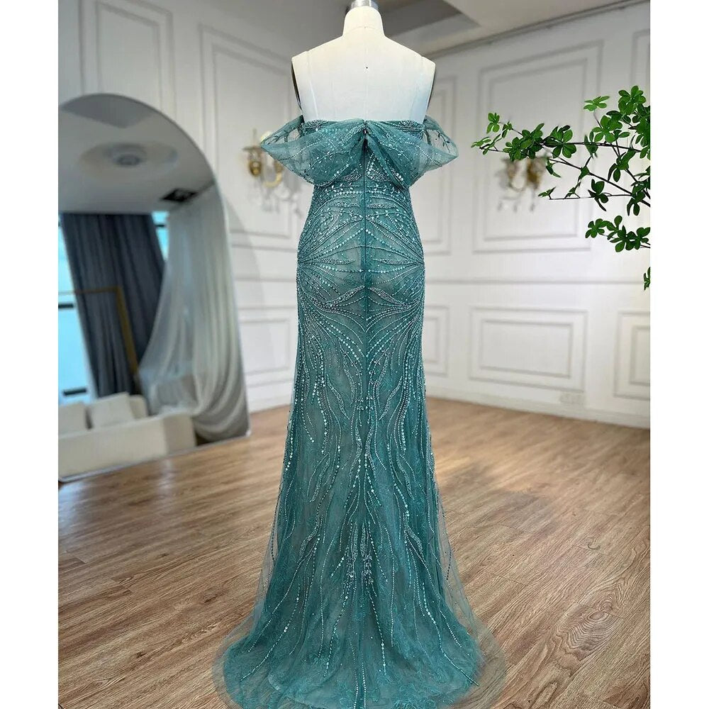 Serene Hill Green Luxury Mermaid Evening Dresses Gowns 2025 Cap Sleeves Beaded Elegant For Women Party LA71438 - SERENE HILL