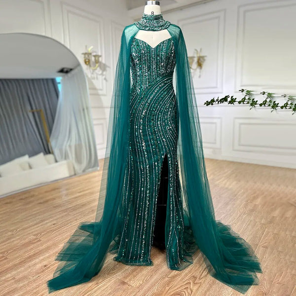 Serene Hill Green Mermaid Arabic Evening Dresses Gowns Split With Cape Sleeves Beaded 2025 For Women Wedding Party LA72073A