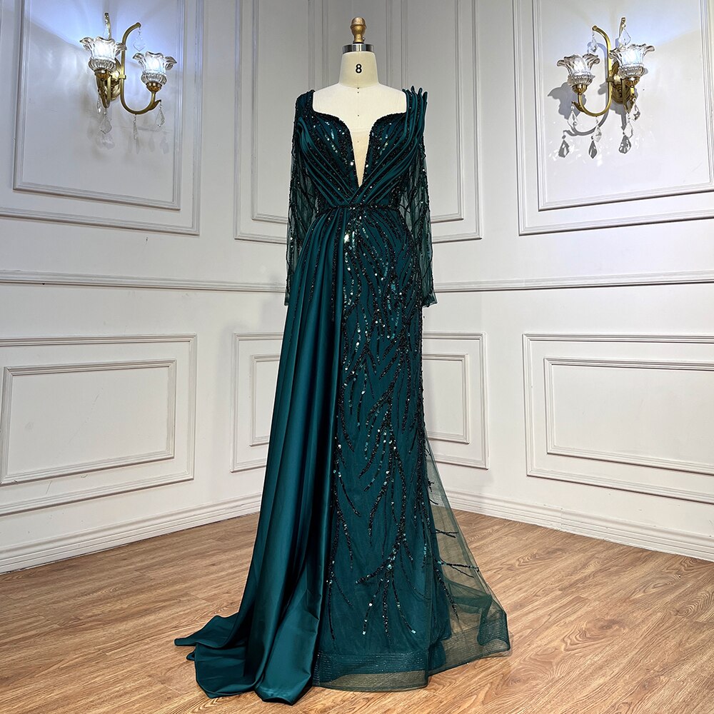 Serene Hill Green Mermaid Beaded Evening Dresses Gowns 2025 Luxury Elegant Satin For Women Party LA71860 - SERENE HILL