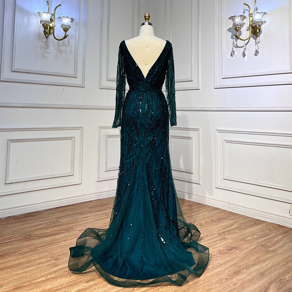 Serene Hill Green Mermaid Beaded Evening Dresses Gowns 2025 Luxury Elegant Satin For Women Party LA71860 - SERENE HILL
