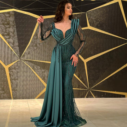 Serene Hill Green Mermaid Beaded Evening Dresses Gowns 2025 Luxury Elegant Satin For Women Party LA71860 - SERENE HILL