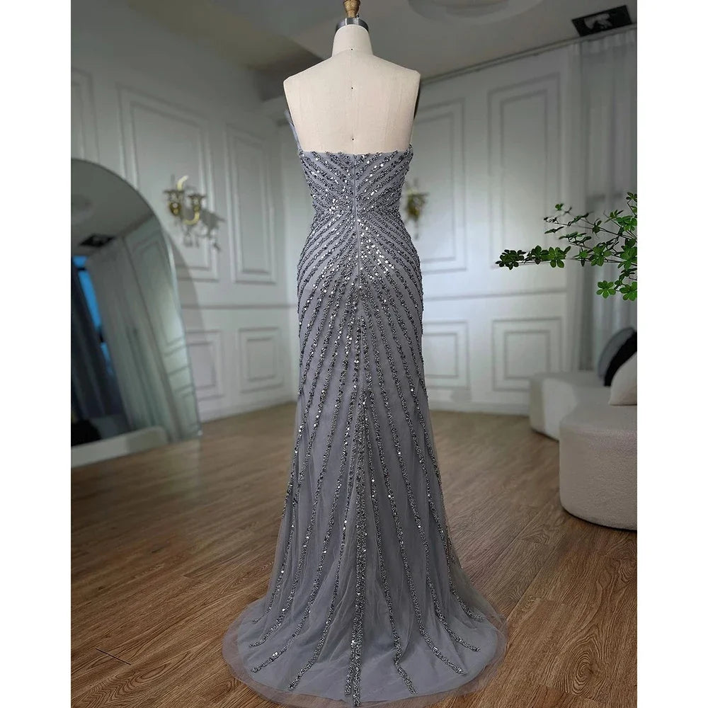 Serene Hill Green Mermaid High Split Off Shoulder Beaded Luxury Dubai Evening Dresses Gowns 2025 For Women Party LA72049 - SERENE HILL