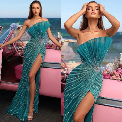 Serene Hill Green Mermaid High Split Off Shoulder Beaded Luxury Dubai Evening Dresses Gowns 2025 For Women Party LA72049 - SERENE HILL
