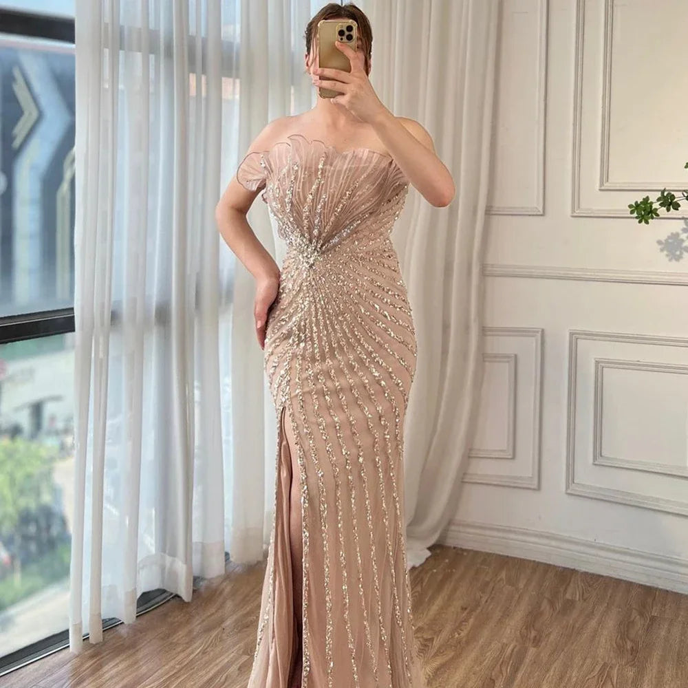 Serene Hill Green Mermaid High Split Off Shoulder Beaded Luxury Dubai Evening Dresses Gowns 2025 For Women Party LA72049 - SERENE HILL