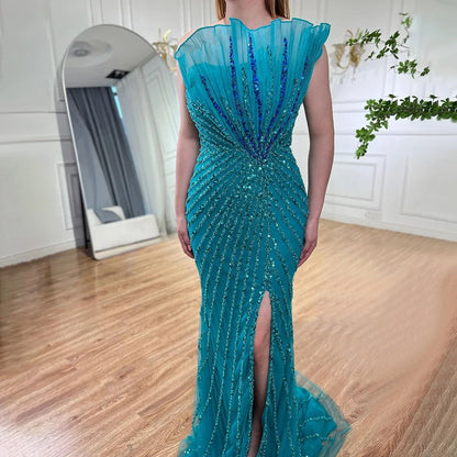 Serene Hill Green Mermaid High Split Off Shoulder Beaded Luxury Dubai Evening Dresses Gowns 2025 For Women Party LA72049 - SERENE HILL