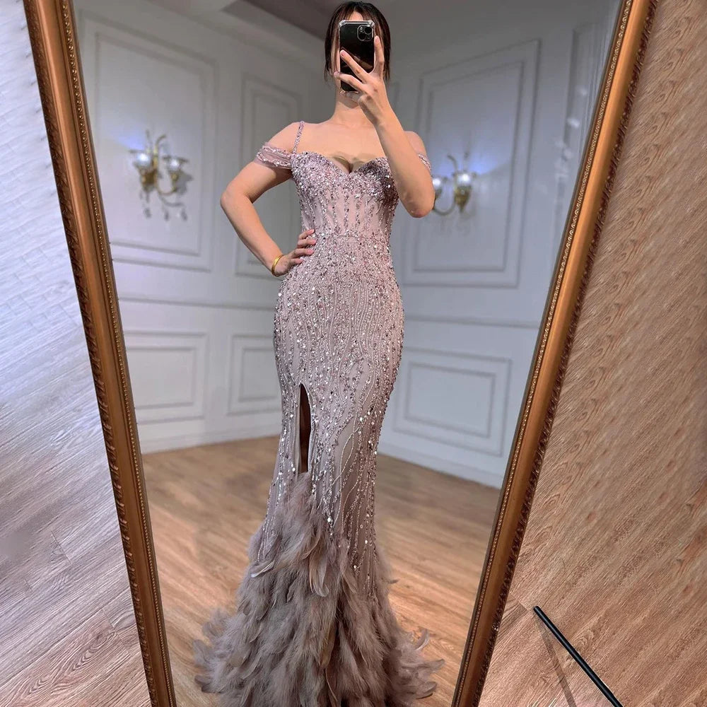 Green Mermaid Feathers Prom Dresses Wedding Evening Dress LA71650A - SERENE HILL