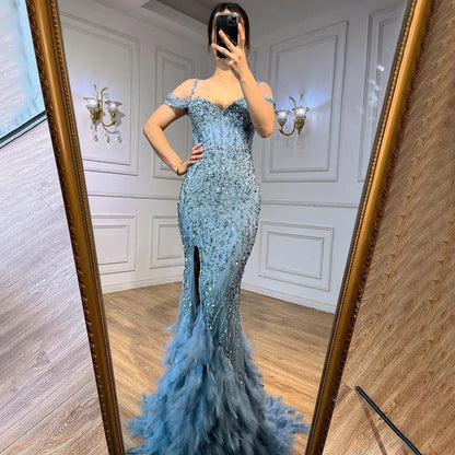 Green Mermaid Feathers Prom Dresses Wedding Evening Dress LA71650A - SERENE HILL