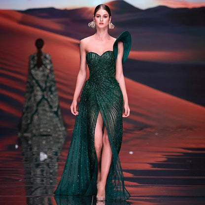 Luxury Dubai Green Mermaid High Split One Shoulder Beaded Evening Dresses Gowns For Wedding Party LA71779 - SERENE HILL