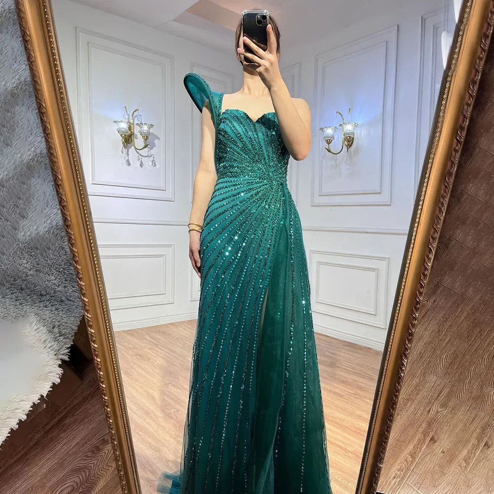 Luxury Dubai Green Mermaid High Split One Shoulder Beaded Evening Dresses Gowns For Wedding Party LA71779 - SERENE HILL
