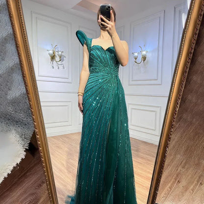 Luxury Dubai Green Mermaid High Split One Shoulder Beaded Evening Dresses Gowns For Wedding Party LA71779 - SERENE HILL