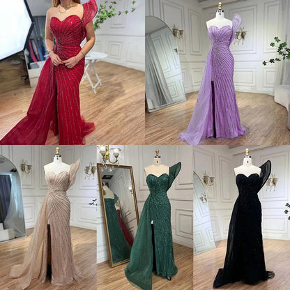 Luxury Dubai Green Mermaid High Split One Shoulder Beaded Evening Dresses Gowns For Wedding Party LA71779 - SERENE HILL