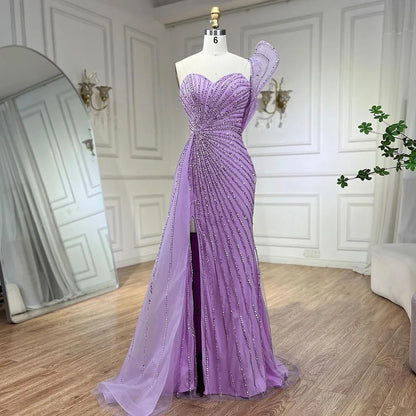 Luxury Dubai Green Mermaid High Split One Shoulder Beaded Evening Dresses Gowns For Wedding Party LA71779 - SERENE HILL
