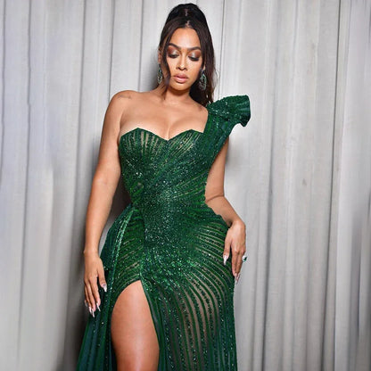 Luxury Dubai Green Mermaid High Split One Shoulder Beaded Evening Dresses Gowns For Wedding Party LA71779 - SERENE HILL