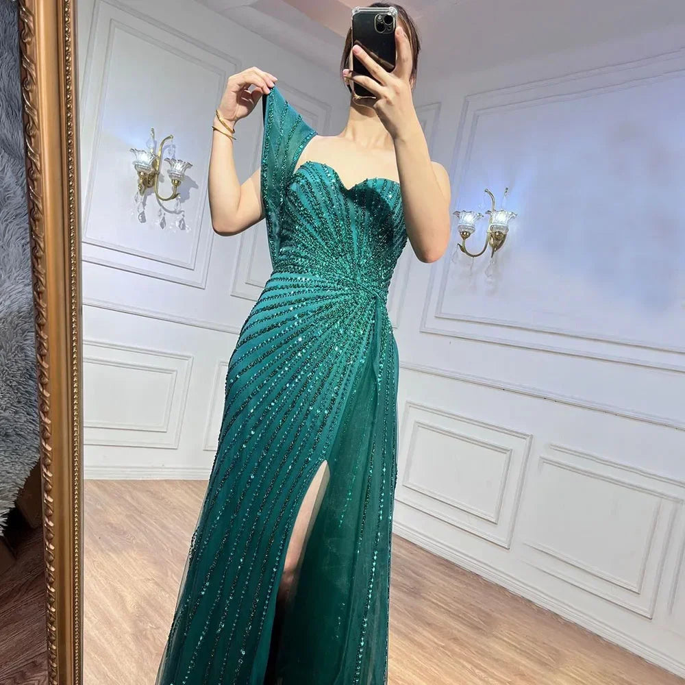 Luxury Dubai Green Mermaid High Split One Shoulder Beaded Evening Dresses Gowns For Wedding Party LA71779 - SERENE HILL