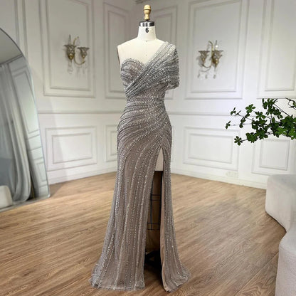 Serene Hill Green Mermaid High Split One Shoulder Beaded Evening Dresses Gowns for Women Wedding Party 2025 LA72364 - SERENE HILL