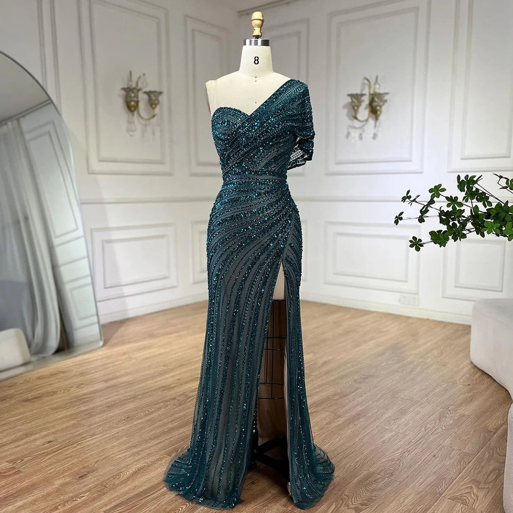 Serene Hill Green Mermaid High Split One Shoulder Beaded Evening Dresses Gowns for Women Wedding Party 2025 LA72364 - SERENE HILL
