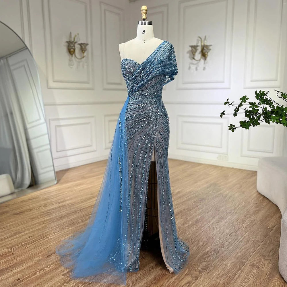 Serene Hill Green Mermaid High Split One Shoulder Beaded Evening Dresses Gowns for Women Wedding Party 2025 LA72364 - SERENE HILL
