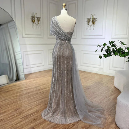 Serene Hill Green Mermaid High Split One Shoulder Beaded Evening Dresses Gowns for Women Wedding Party 2025 LA72364 - SERENE HILL