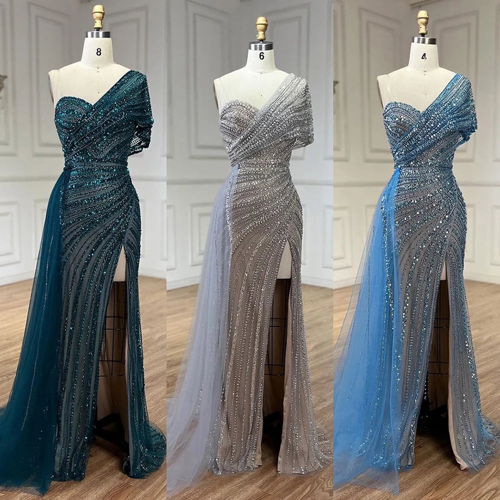 Serene Hill Green Mermaid High Split One Shoulder Beaded Evening Dresses Gowns for Women Wedding Party 2025 LA72364 - SERENE HILL