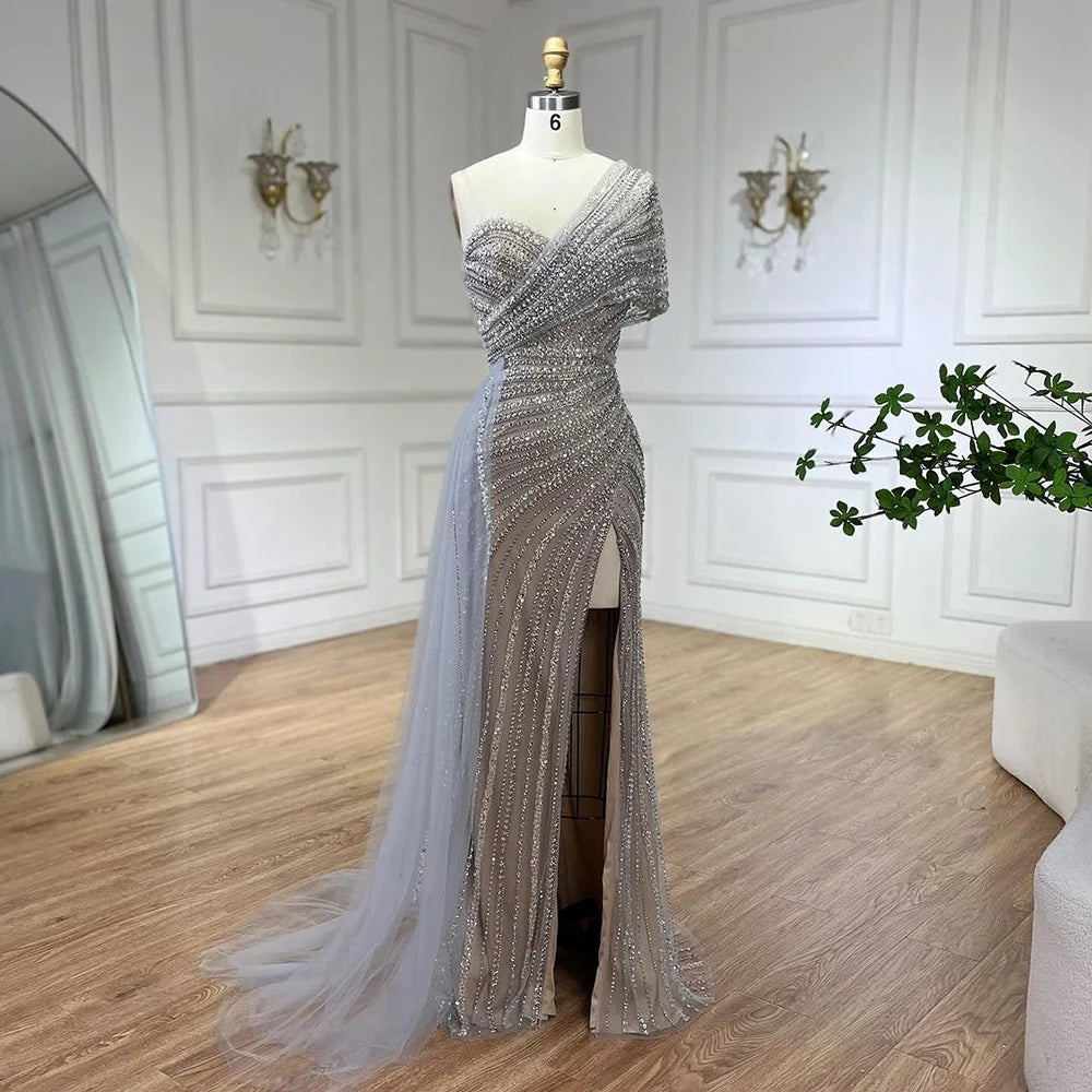 Serene Hill Green Mermaid High Split One Shoulder Beaded Evening Dresses Gowns for Women Wedding Party 2025 LA72364 - SERENE HILL