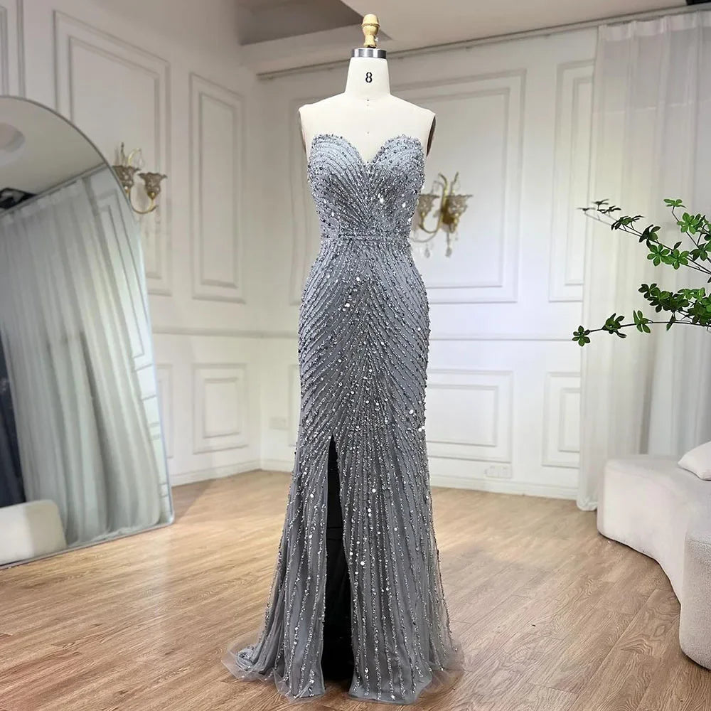 Serene Hill Green Mermaid High Split Spaghetti Strap Evening Dresses Feather Beaded Gowns For Women Party LA72238 - SERENE HILL
