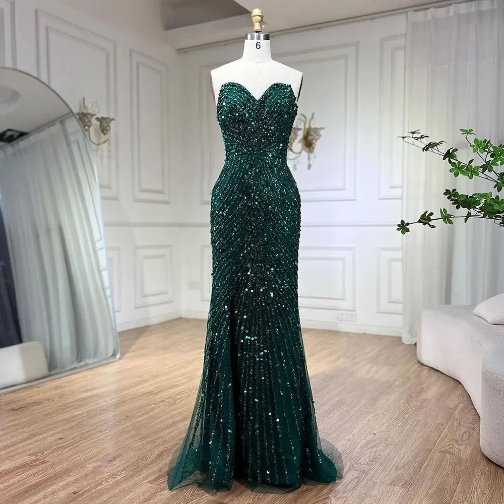 Serene Hill Green Mermaid High Split Spaghetti Strap Evening Dresses Feather Beaded Gowns For Women Party LA72238 - SERENE HILL