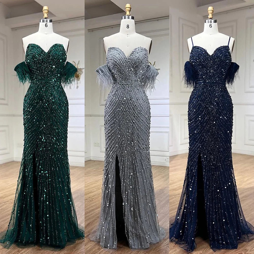 Serene Hill Green Mermaid High Split Spaghetti Strap Evening Dresses Feather Beaded Gowns For Women Party LA72238 - SERENE HILL