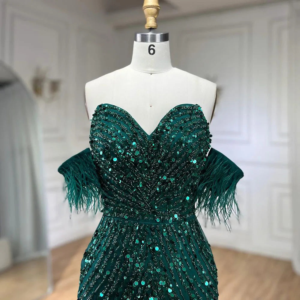 Serene Hill Green Mermaid High Split Spaghetti Strap Evening Dresses Feather Beaded Gowns For Women Party LA72238 - SERENE HILL