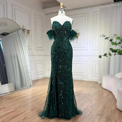 Serene Hill Green Mermaid High Split Spaghetti Strap Evening Dresses Feather Beaded Gowns For Women Party LA72238 - SERENE HILL